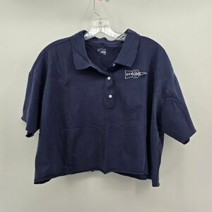 Aerie OFFLINE Navy Blue Cropped Polo Shirt Embroidered Logo Raw Hem Medium NWT